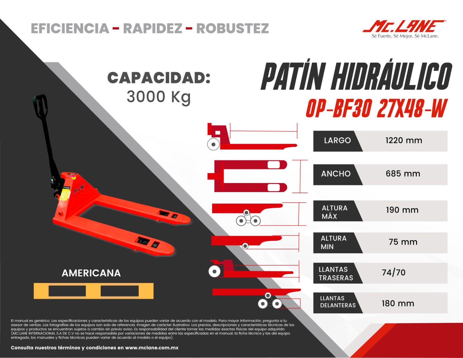 Patín Hidráulico McLane OP-BF30 27X48-W 3Ton