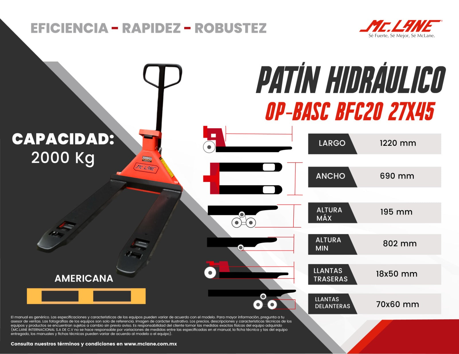 Patín Hidráulico McLane 2T Báscula OP-BASC BFC20 Nylon Blanca