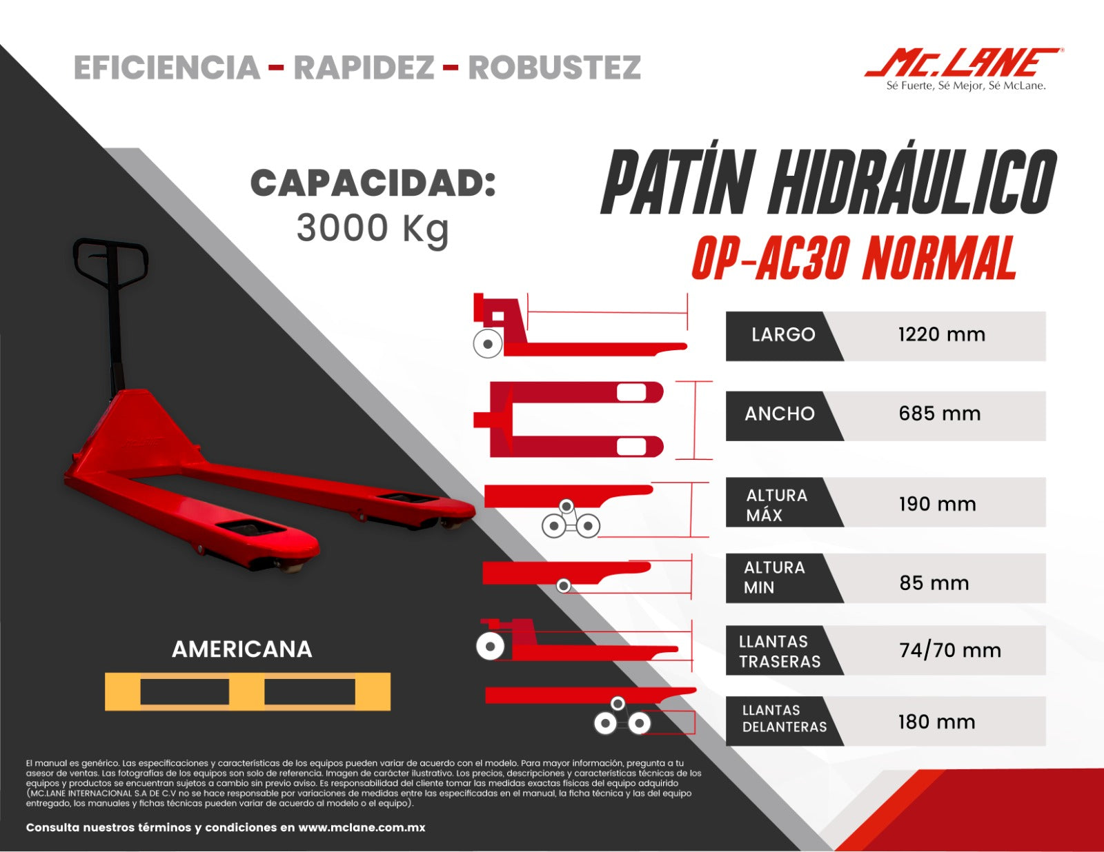 Patín Hidráulico McLane OP-AC30 NORMAL 3t – Robusto y de Alto Rendimiento