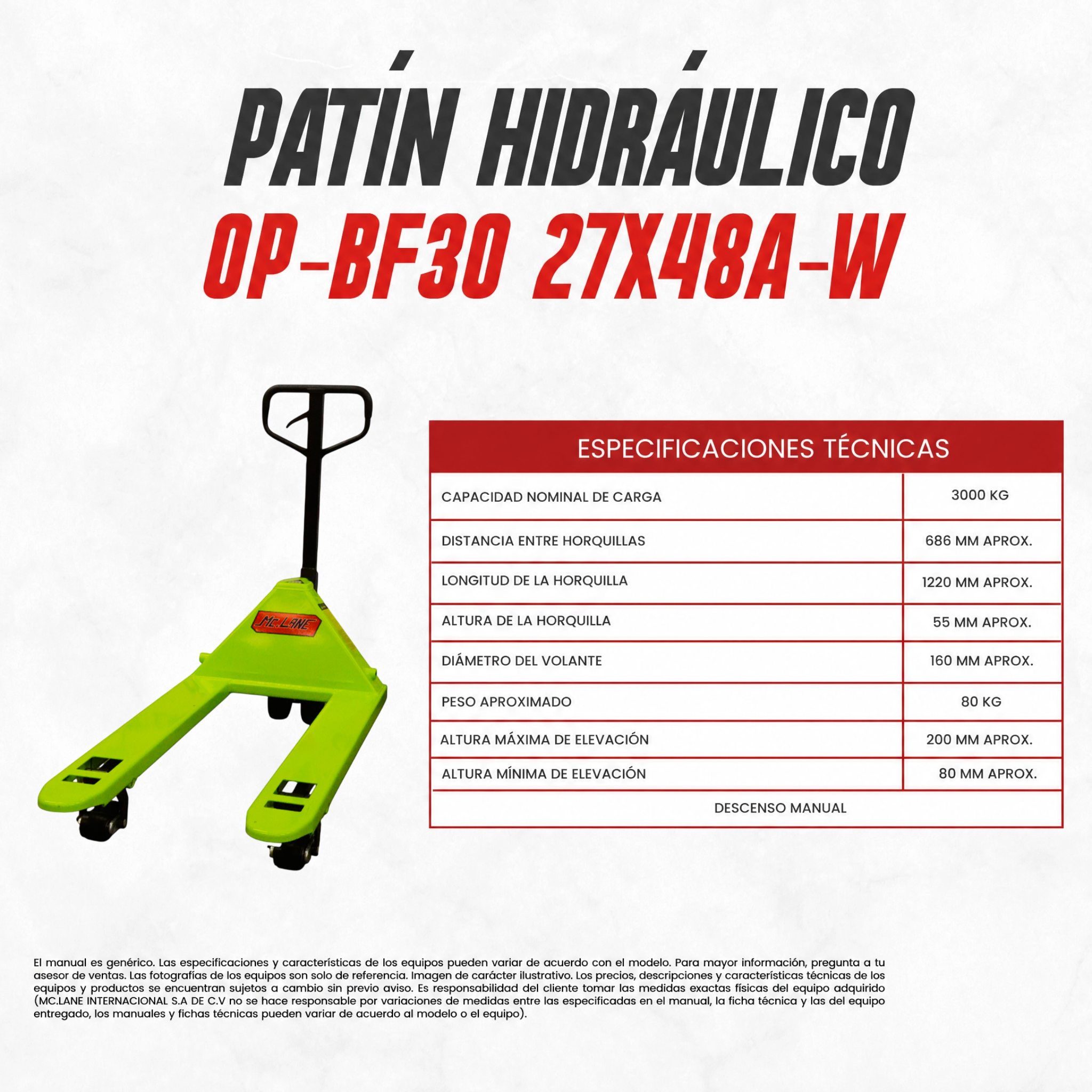 Set logístico de 6 patines hidráulicos KT-OP-BF30 27X48V-W-6 | Carga de 3 toneladas | Sistema tándem | CARGA MC LANE