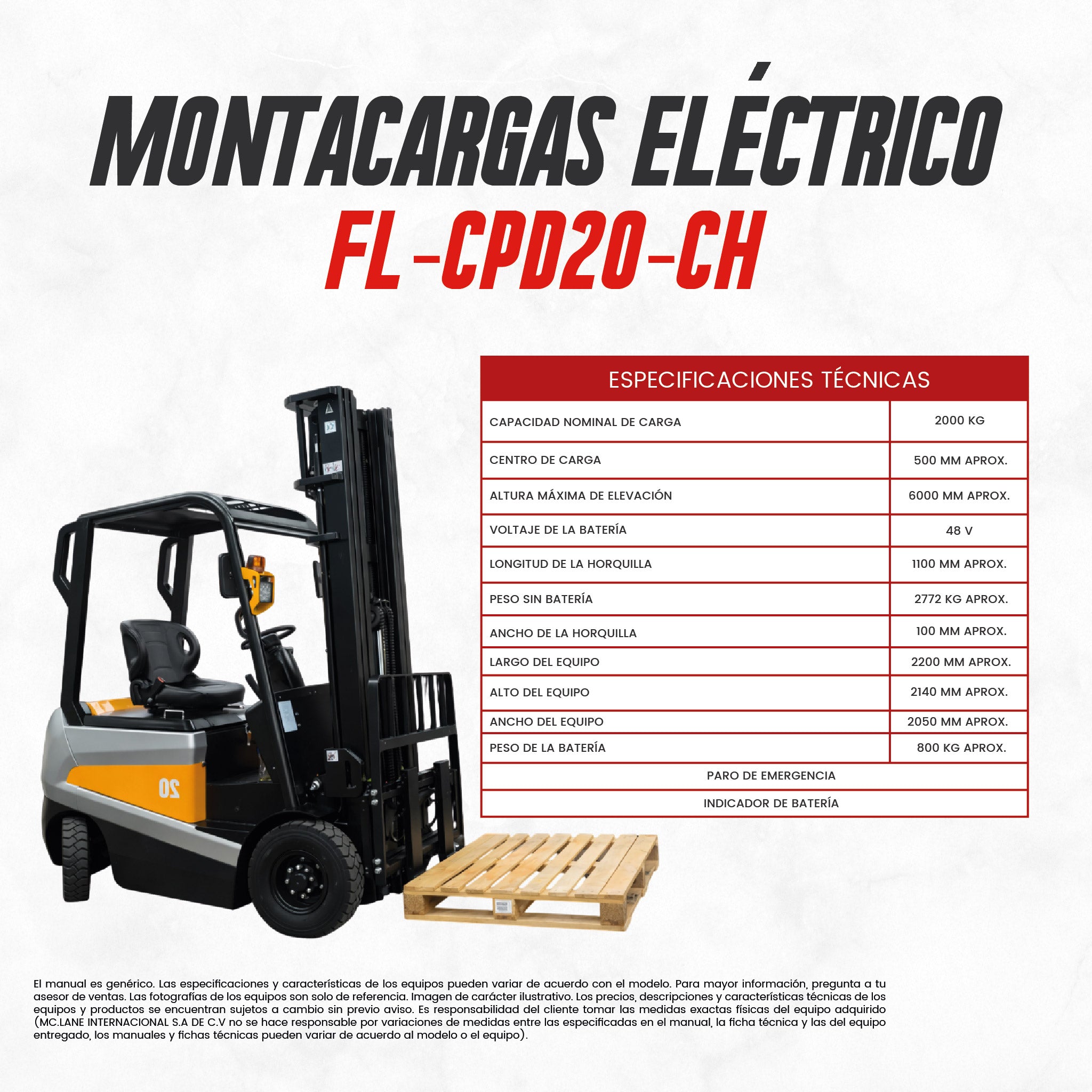 Montacargas Eléctrico de Contrapeso Mc.LANE CPD20 | Capacidad 2,000 kg y Elevación hasta 6m