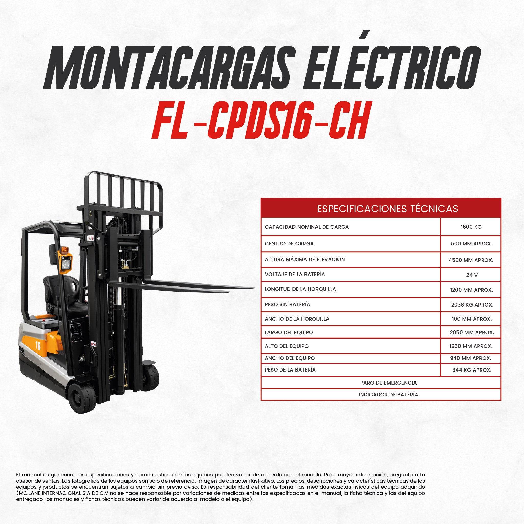 Montacargas eléctrico FL-CPDS16-CH | 1.6 Toneladas | Elevación de 4.5 m | CARGA MC LANE