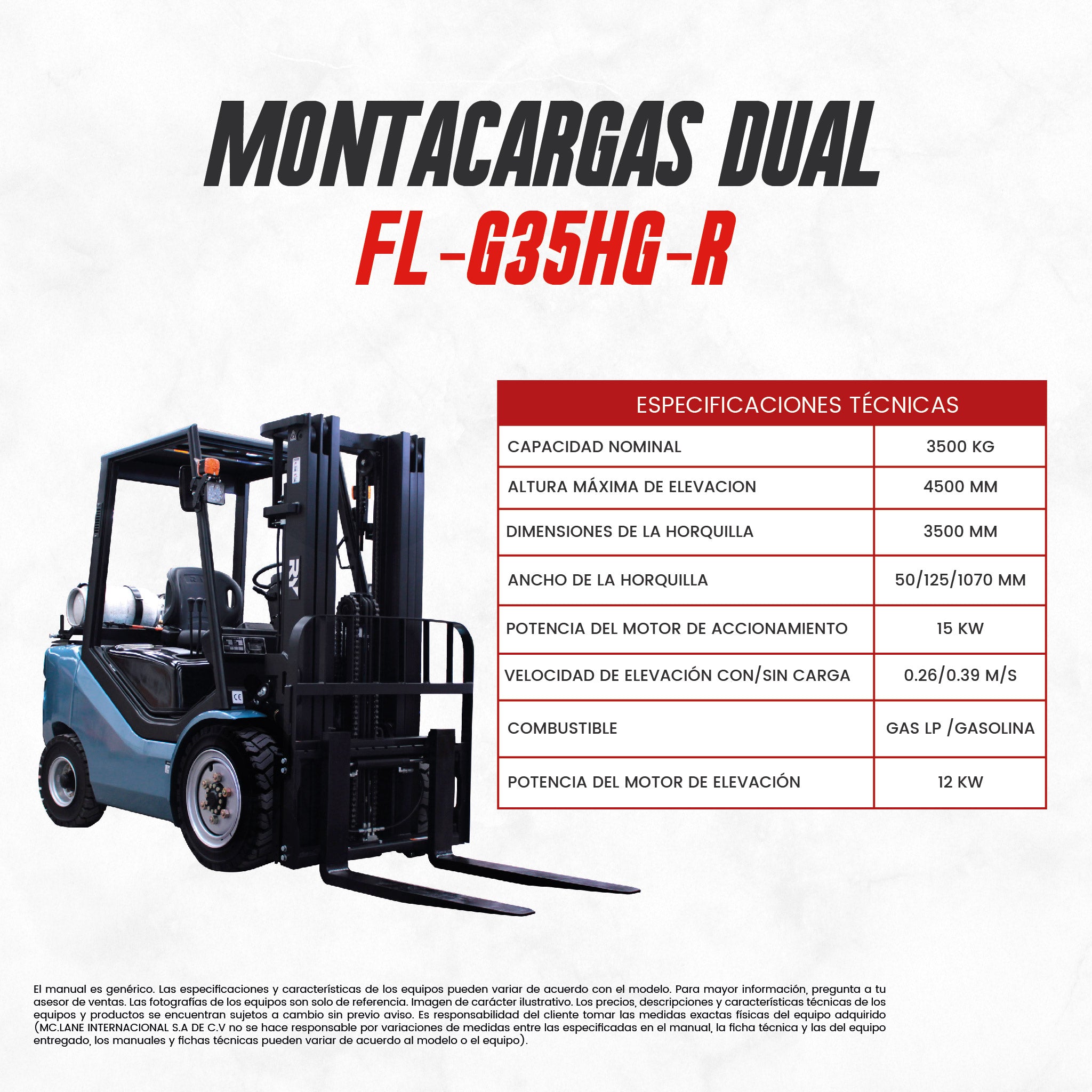MONTACARGAS 3.5 TON FL-G35HG-R | CARGA MC LANE