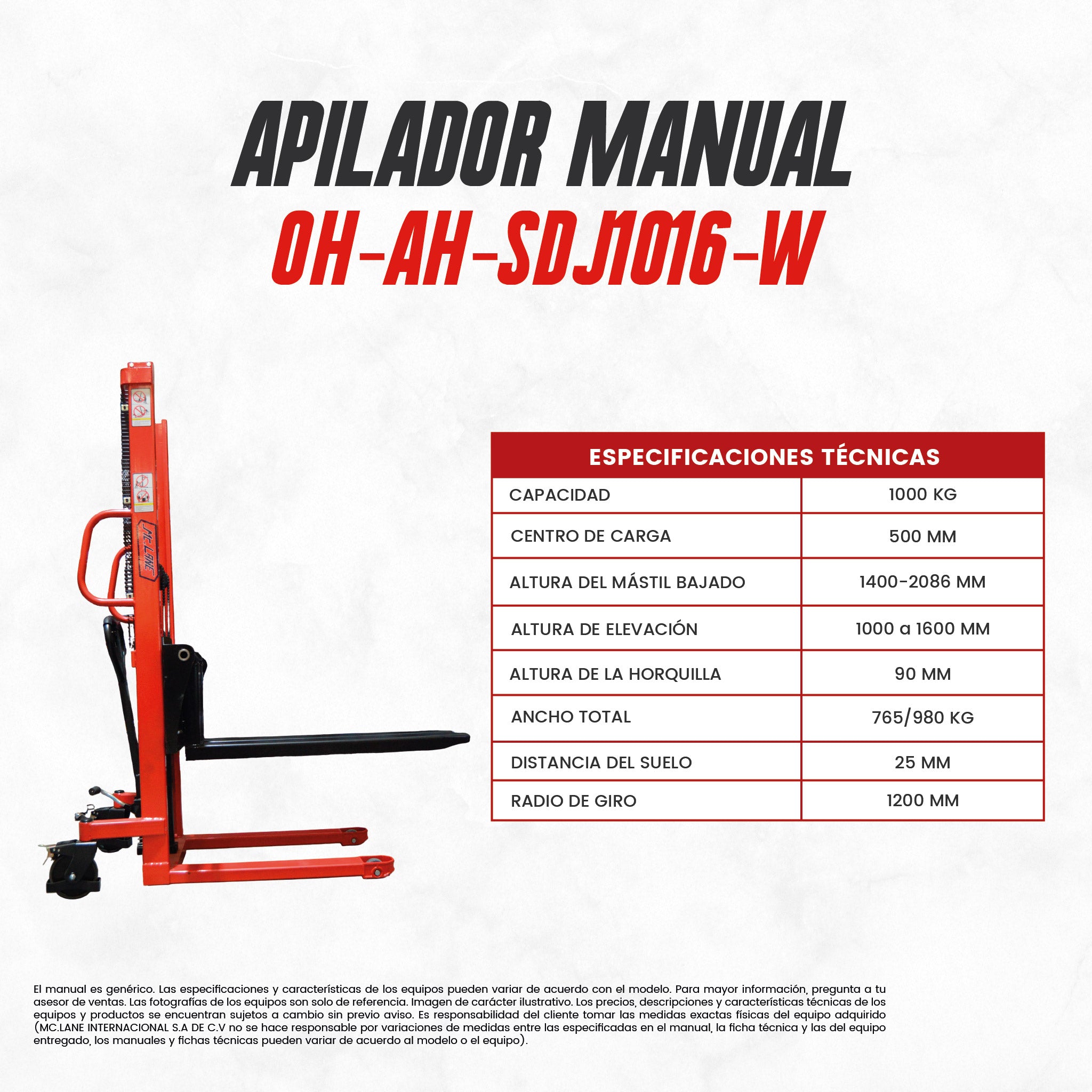 Apilador manual OH-AH-SDJ1016-W | 1 Tonelada | Elevación de 1.6 m | CARGA MC LANE
