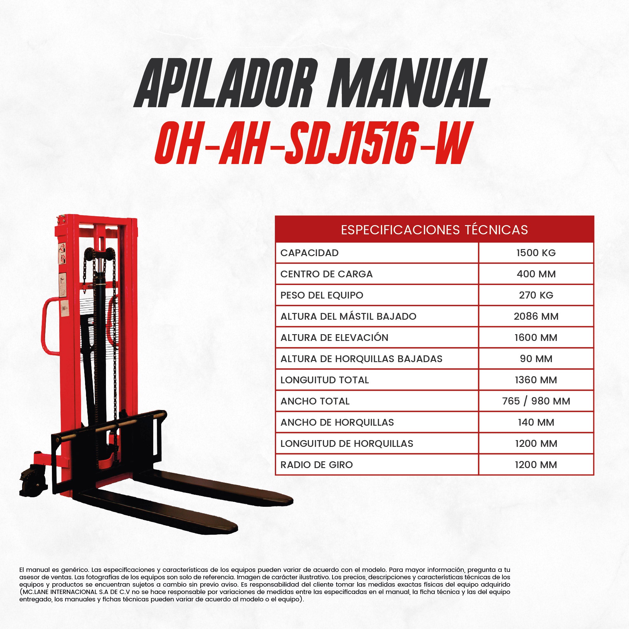 Set logístico de 2 pzas KT-SDJ1516-BF3027X48V | Apilador manual 1.5 toneladas y Patín hidráulico 3 toneladas | CARGA MC LANE