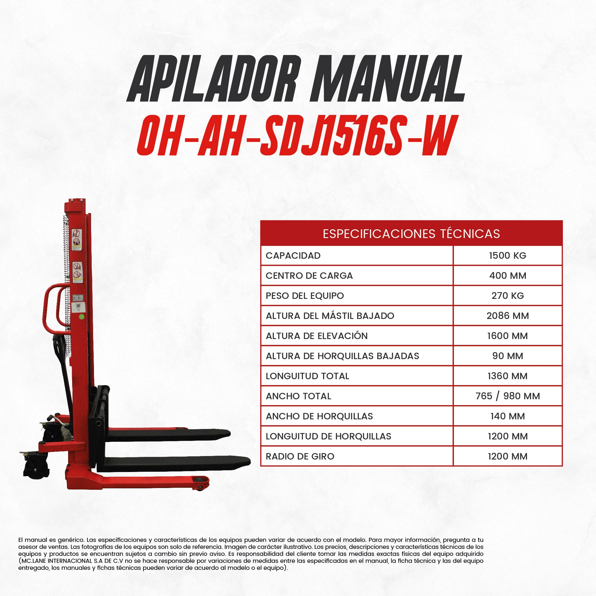 Apilador Manual Extra Ancho OH-AH-SDJ1516S 1.5t y 1.6m | CARGA MC LANE
