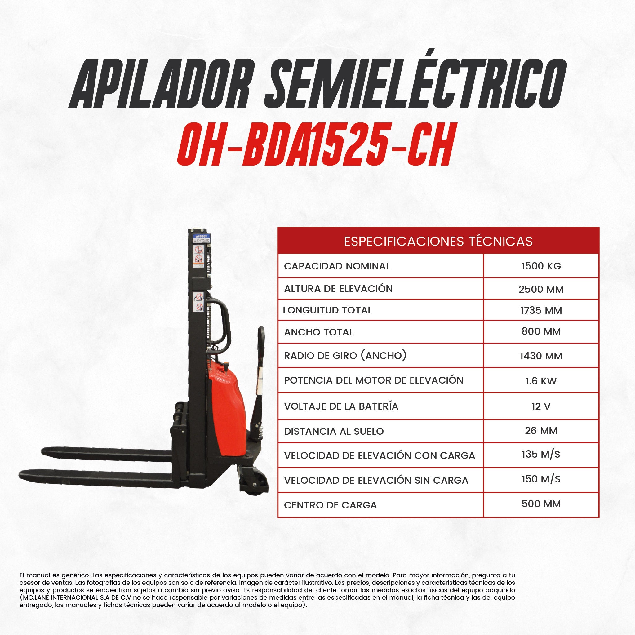 Apilador Semielectrico OH-SEMI-BDA1525, 1500 kg 2.5 m Altura | CARGA MC LANE