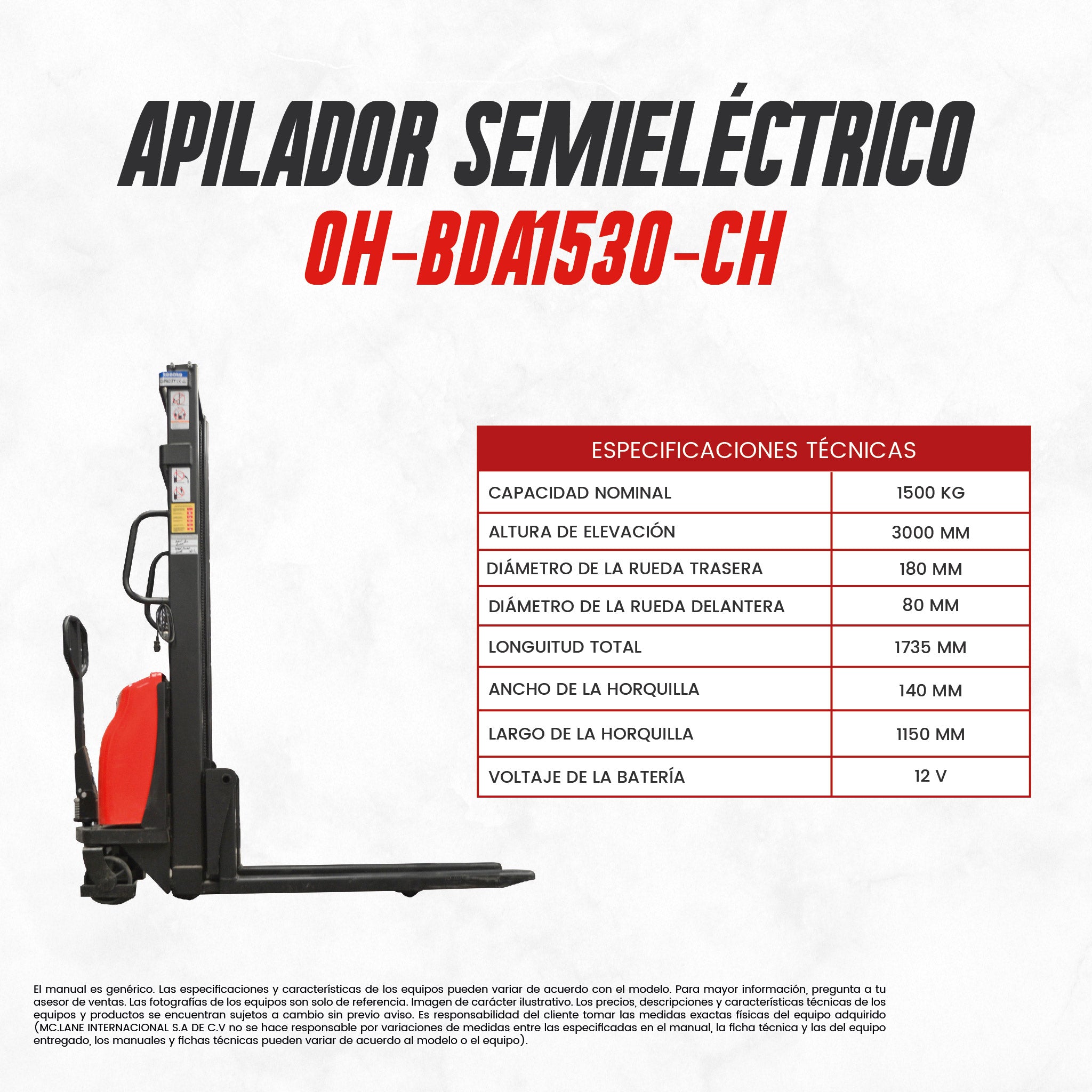 Apilador Semieléctrico OH-BDA1530-CH 1.5t 3mts | CARGA MC LANE