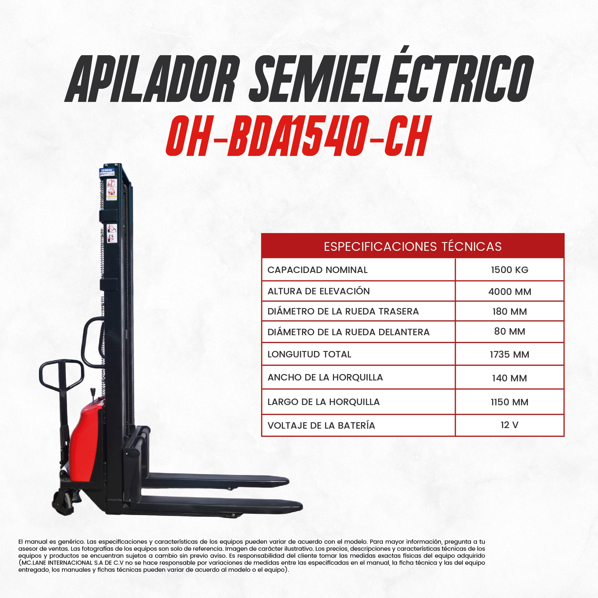 Apilador Semielectrico OH-BDA1540-CH 1.5t y 4 mts | CARGA MC LANE