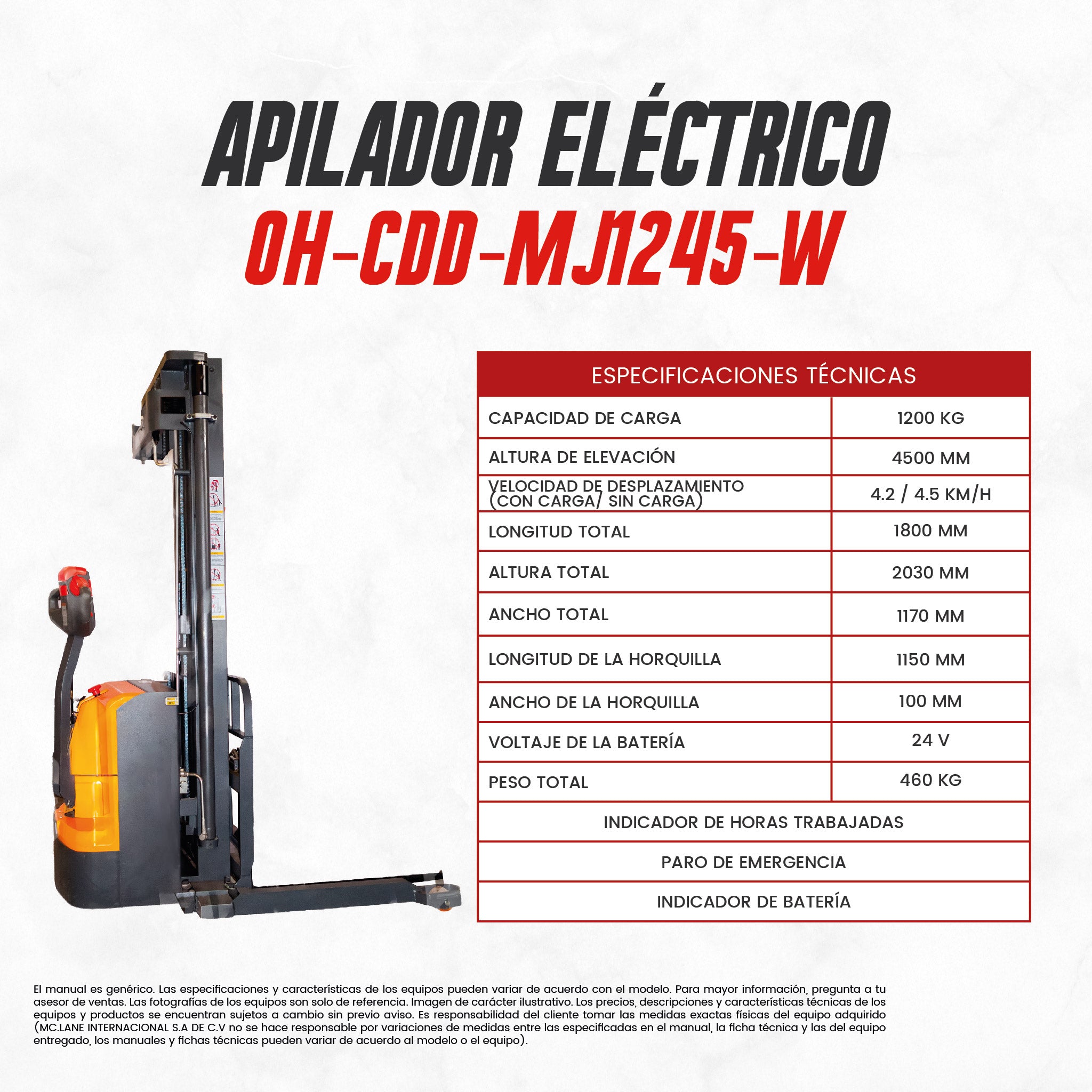 Apilador eléctrico hombre a pie OH-CDD-TS1530-W | 1.2 Toneladas | Elevación de 3 m | CARGA MC LANE