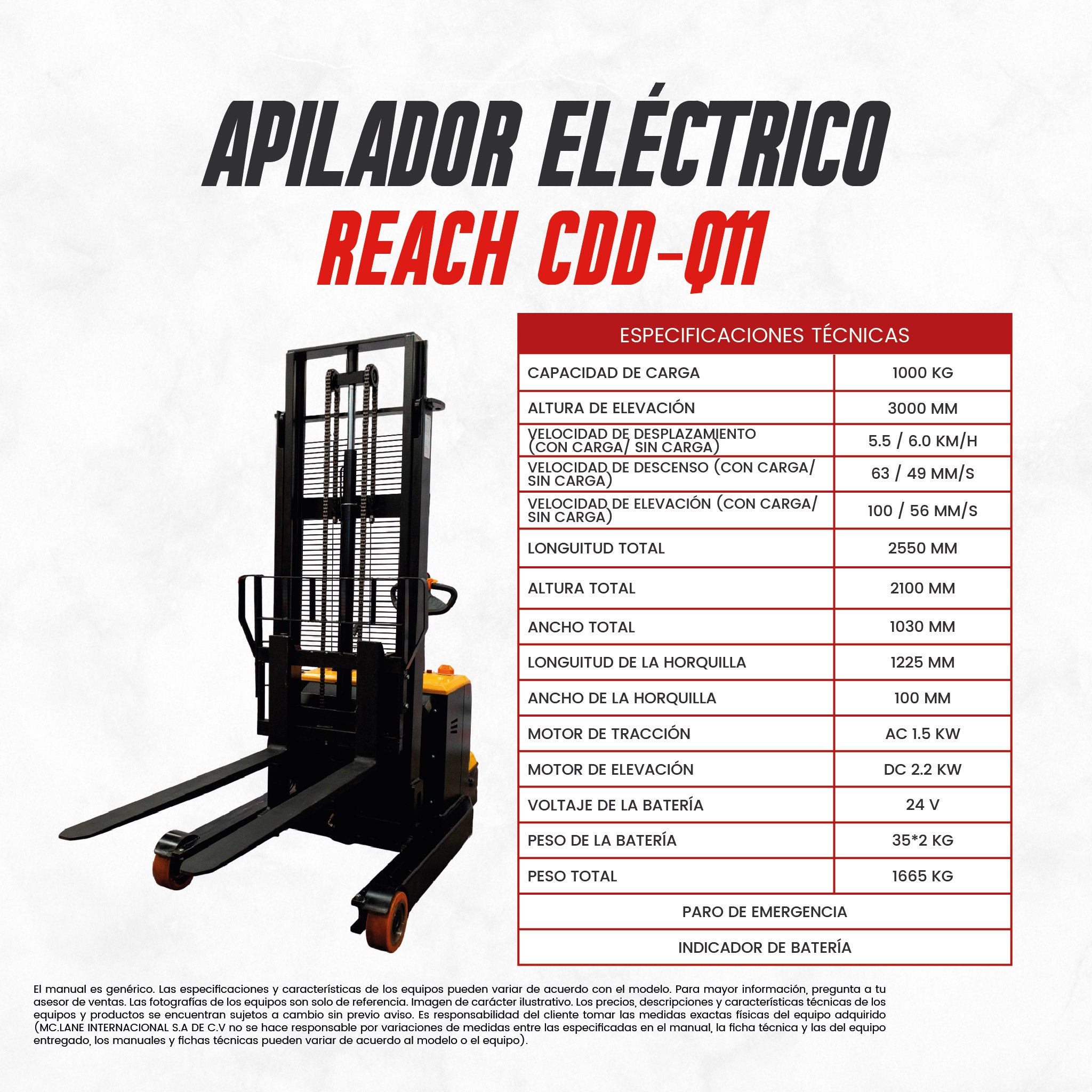 Apilador Semieléctrico 1.5 Toneladas 3 Metros | CARGA MC LANE