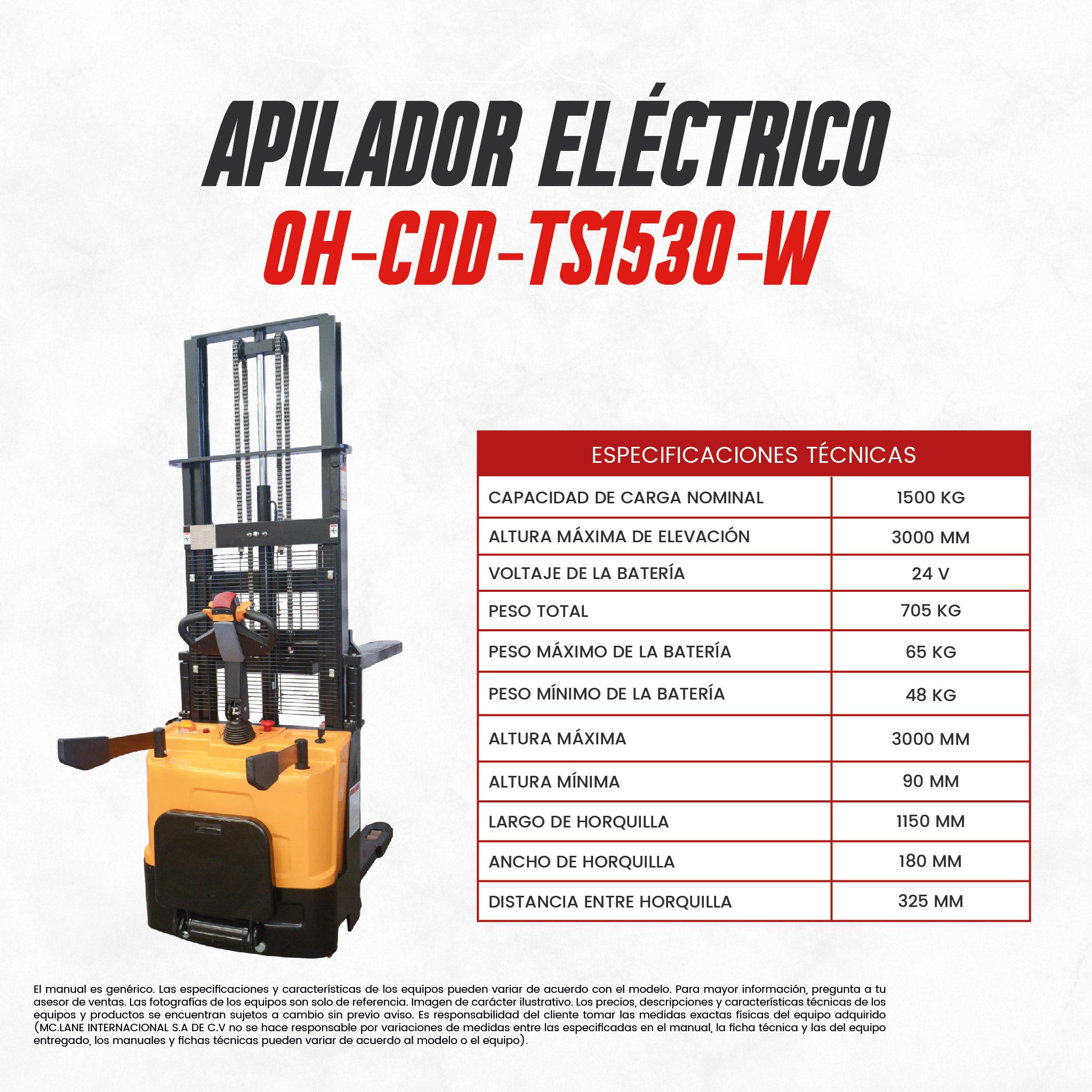 Apilador Eléctrico 1.5 Toneladas 3 Metros OH-CDD-TS1530-W | CARGA MC LANE