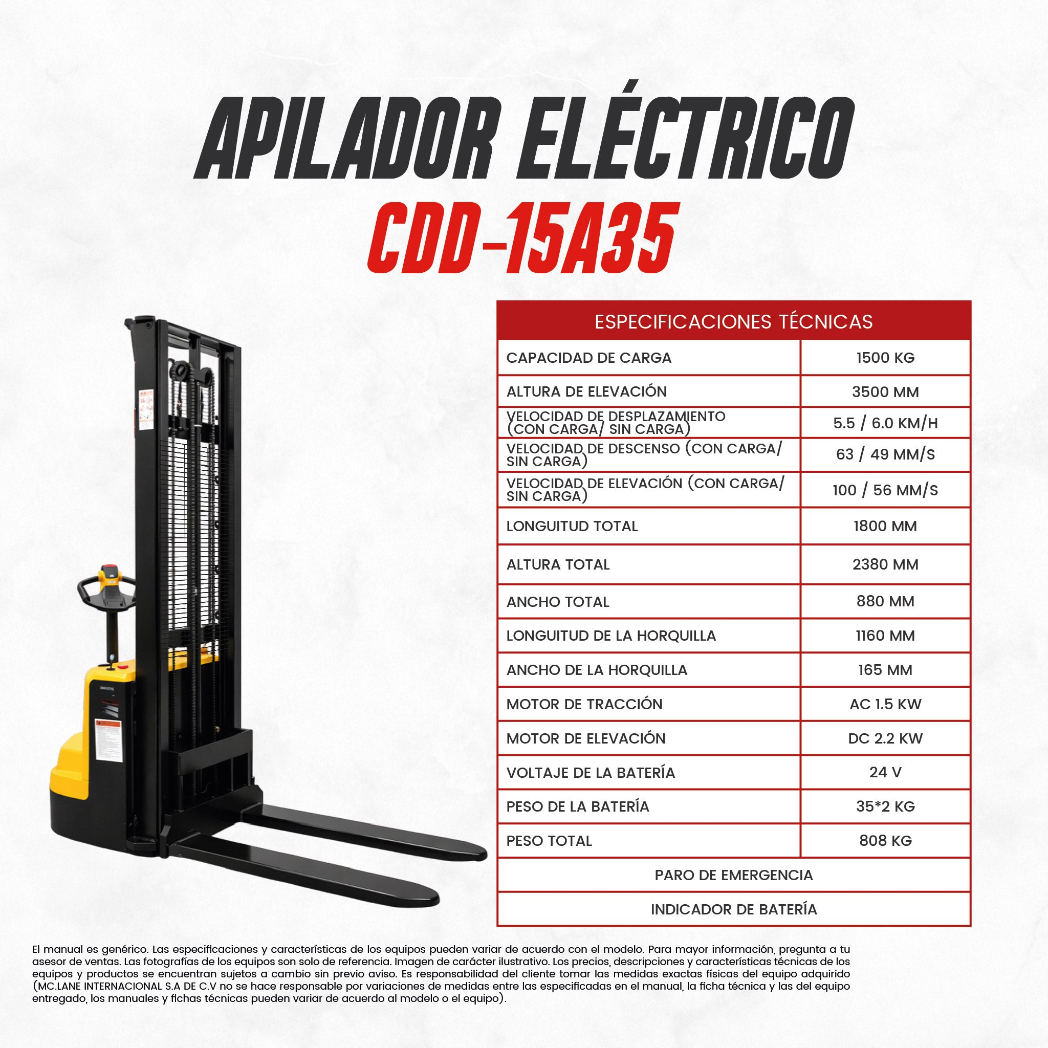 Apilador Eléctrico 2 Toneladas 6 Metros MCLANE OH-CDD20H60-W | CARGA MC LANE