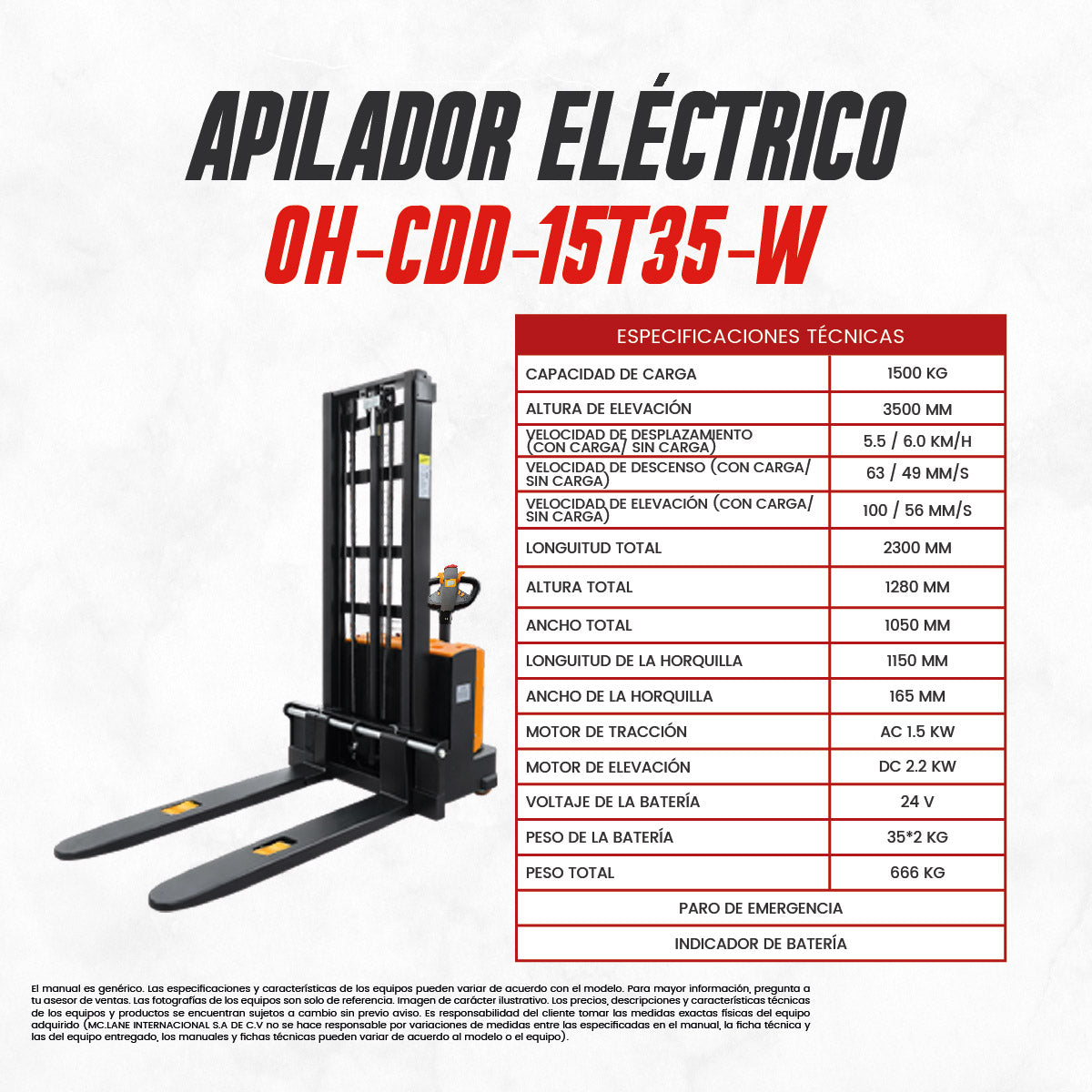 Apilador Eléctrico Industrial CDD15T35 | Capacidad 1.5 Ton | Elevación 3.5m | CARGA MC LANE