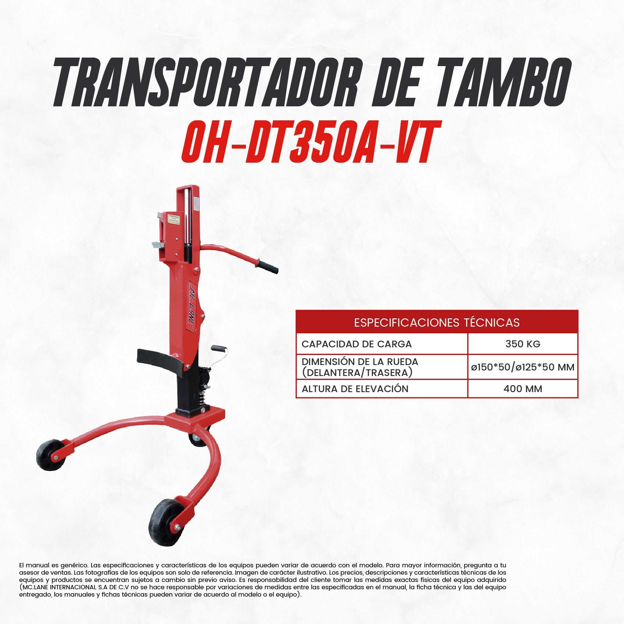 Porta tambos hidráulico OH-DT350A- VT | 350 Kilogramos | CARGA MC LANE