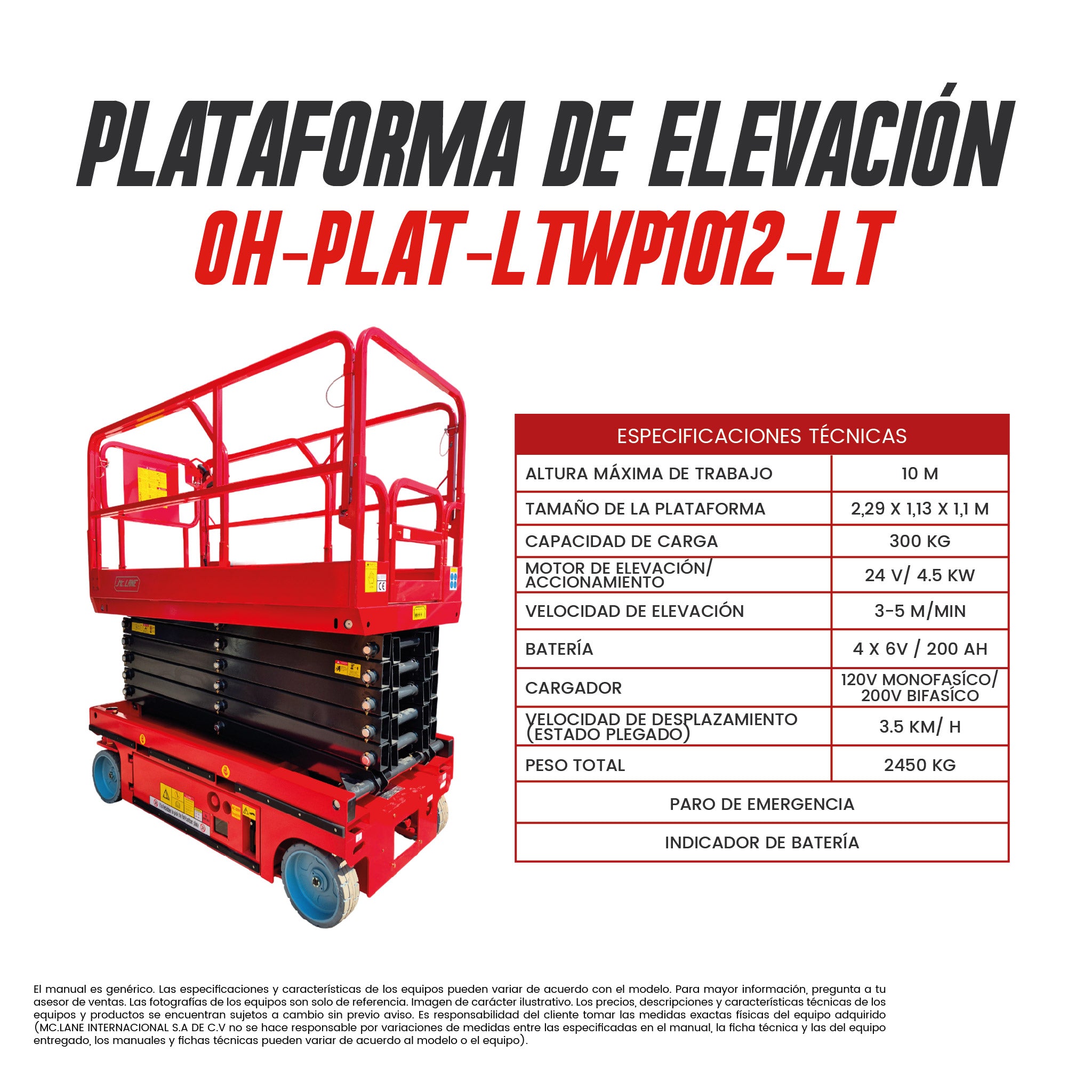 Plataforma de tijera eléctrica | Capacidad de carga de 300 Kg | Altura máx 10 m | CARGA MC LANE