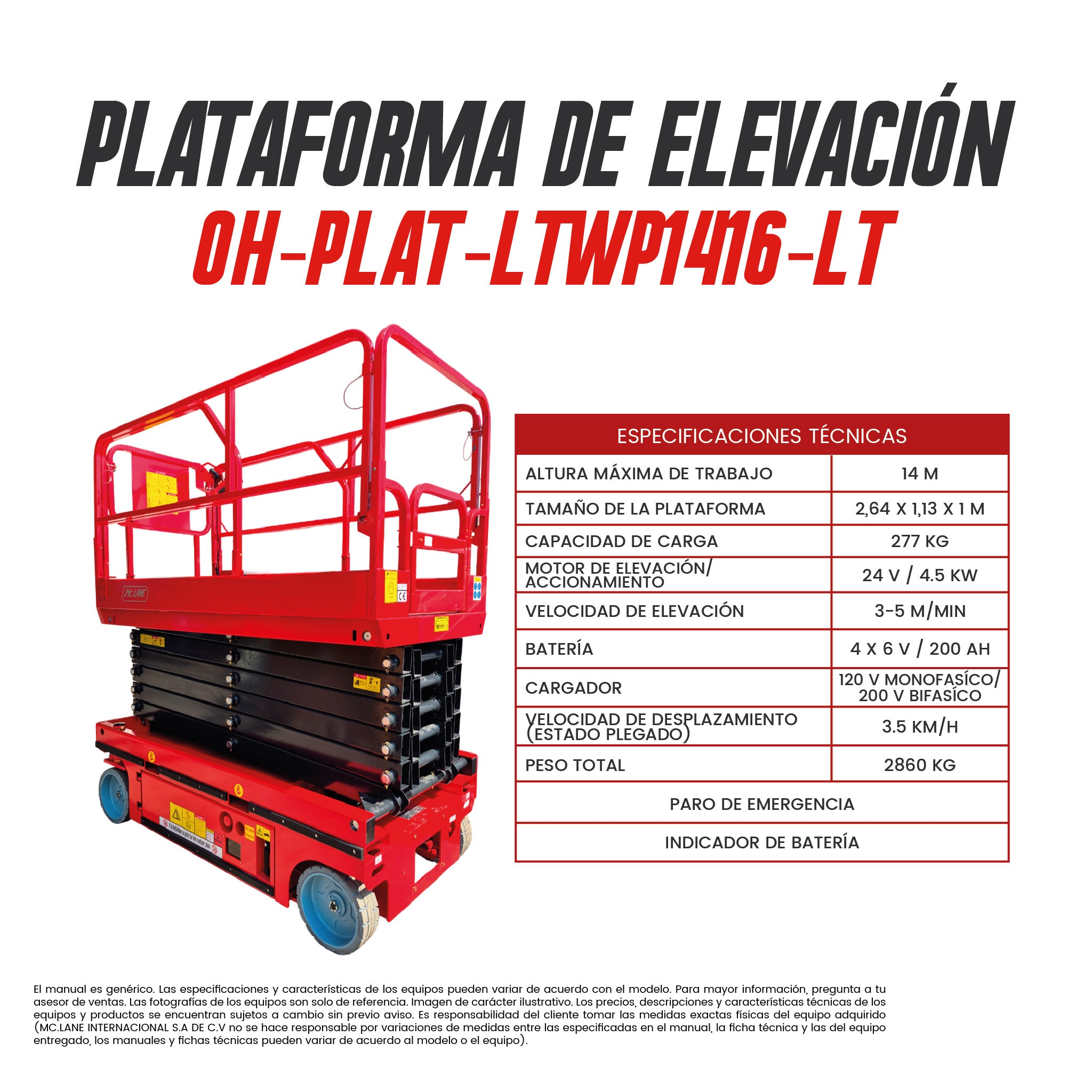Plataforma de tijera eléctrica OH-PLAT-LTWP1416-LT | Capacidad de carga de 300 Kg | Altura máx 10 m | CARGA MC LANE