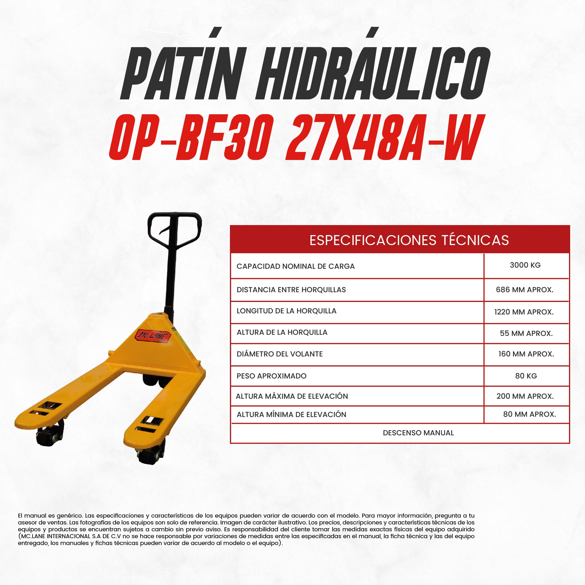 Patín Hidráulico McLane OP-BF30 27X48-W 3Ton