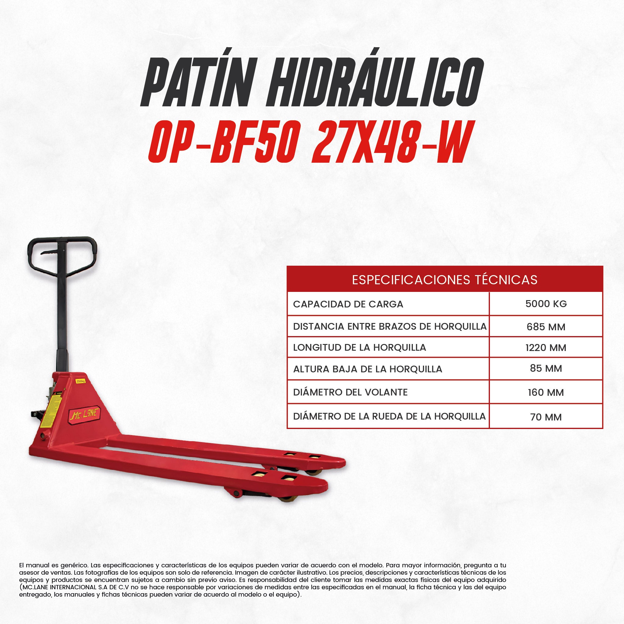 Patín hidráulico OP-BF50 27X48-W 5 Toneladas | CARGA MC LANE